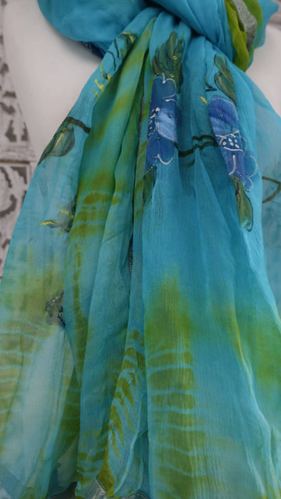 Green And Blue Hand Painted Chiffon Dupatta