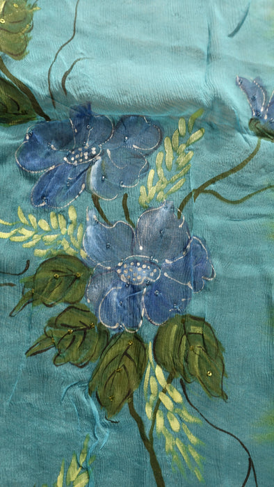 Green And Blue Hand Painted Chiffon Dupatta
