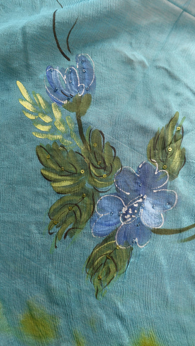 Green And Blue Hand Painted Chiffon Dupatta