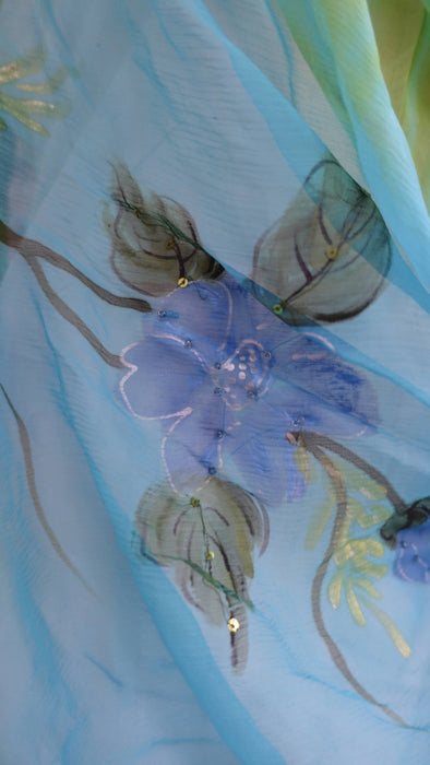 Green And Blue Hand Painted Chiffon Dupatta