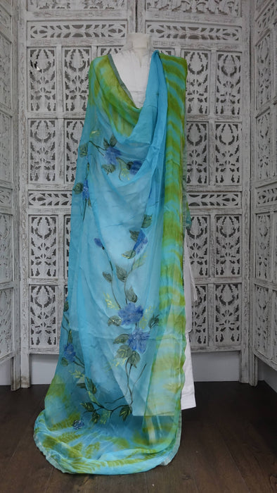 Green And Blue Hand Painted Chiffon Dupatta