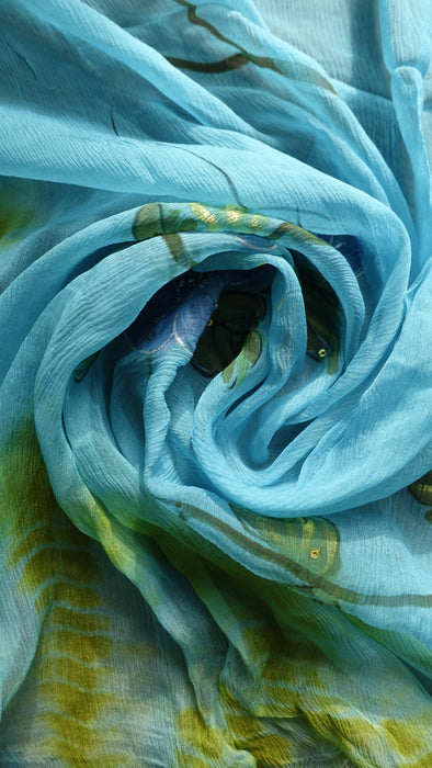 Green And Blue Hand Painted Chiffon Dupatta
