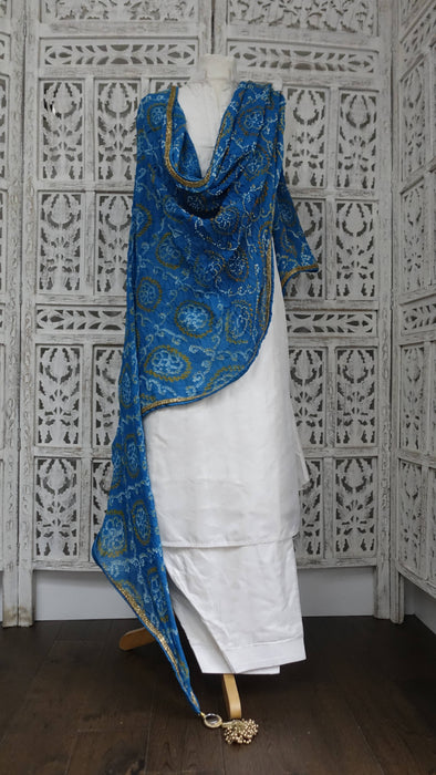 Blue Bandhani Crushed Silk Dupatta With Gold Bead Tassels