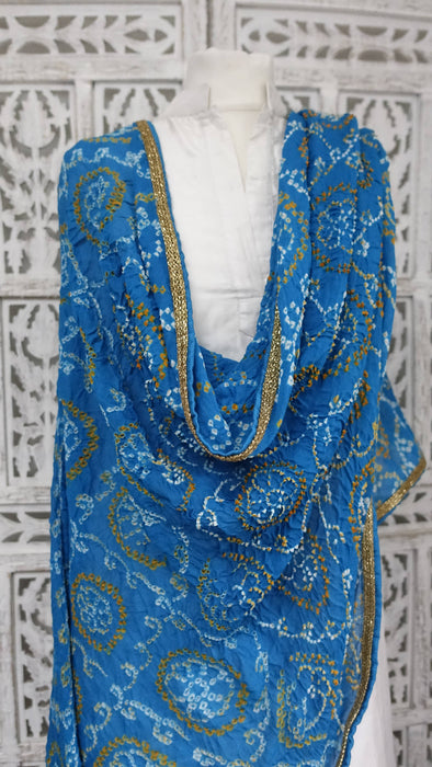 Blue Bandhani Crushed Silk Dupatta With Gold Bead Tassels