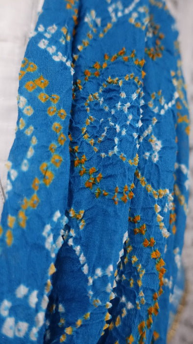 Blue Bandhani Crushed Silk Dupatta With Gold Bead Tassels