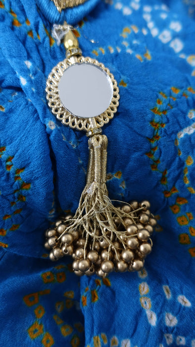 Blue Bandhani Crushed Silk Dupatta With Gold Bead Tassels