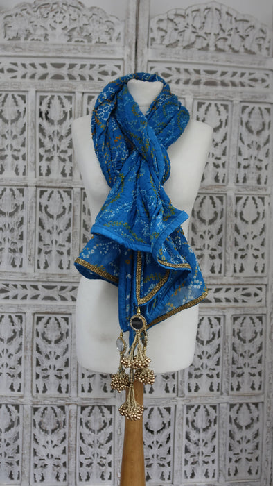 Blue Bandhani Crushed Silk Dupatta With Gold Bead Tassels