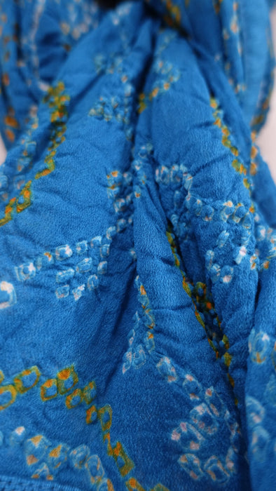 Blue Bandhani Crushed Silk Dupatta With Gold Bead Tassels