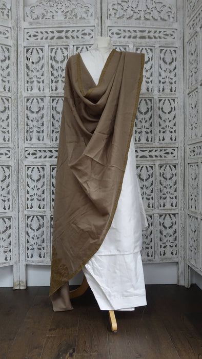 Brown Kashmiri pure wool shawl with gold thread embroidery – view 2