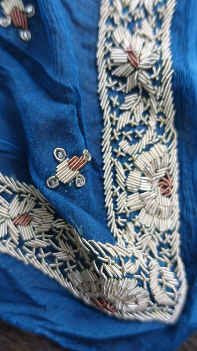 Blue Silk Chiffon Vintage Zardosi Dupatta - Preloved