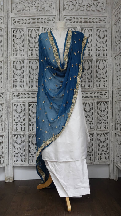 Blue Silk Chiffon Vintage Zardosi Dupatta - Preloved