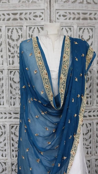 Blue Silk Chiffon Vintage Zardosi Dupatta - Preloved