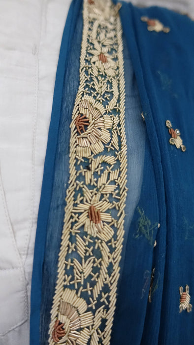 Blue Silk Chiffon Vintage Zardosi Dupatta - Preloved