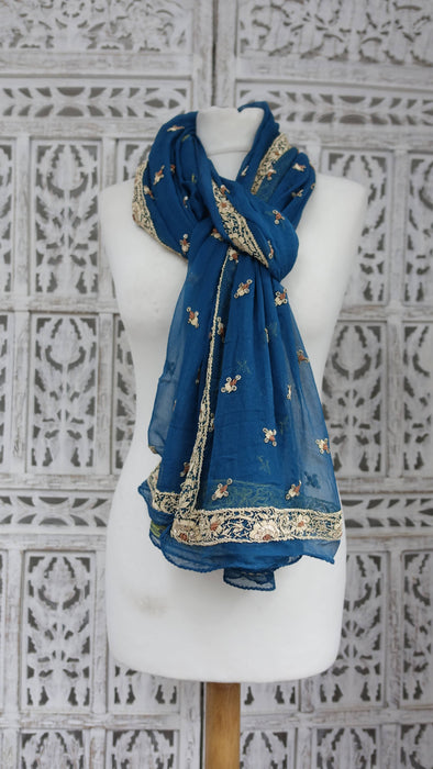 Blue Silk Chiffon Vintage Zardosi Dupatta - Preloved