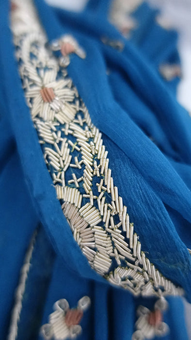 Blue Silk Chiffon Vintage Zardosi Dupatta - Preloved
