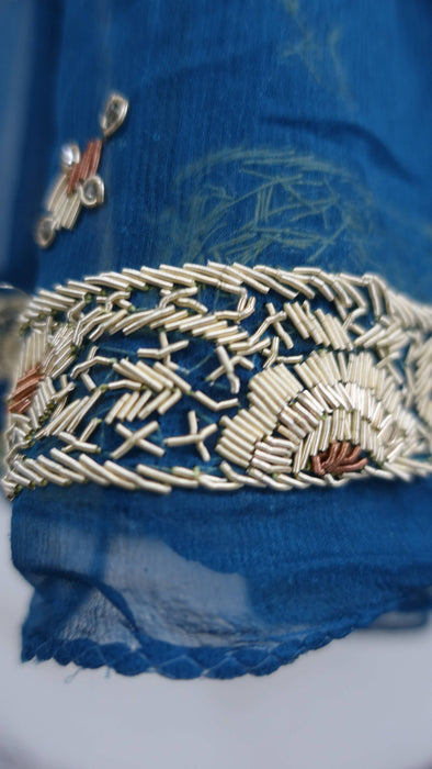 Blue Silk Chiffon Vintage Zardosi Dupatta - Preloved