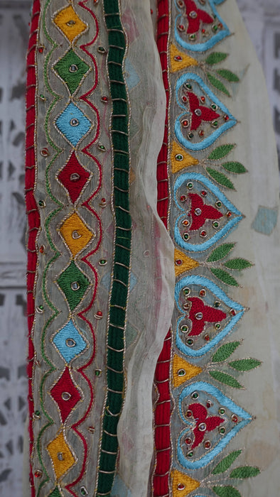 Cream Vintage Retro Chiffon Dupatta With Colourful Embroidery