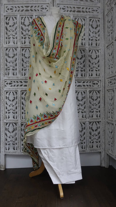 Cream Vintage Retro Chiffon Dupatta With Colourful Embroidery