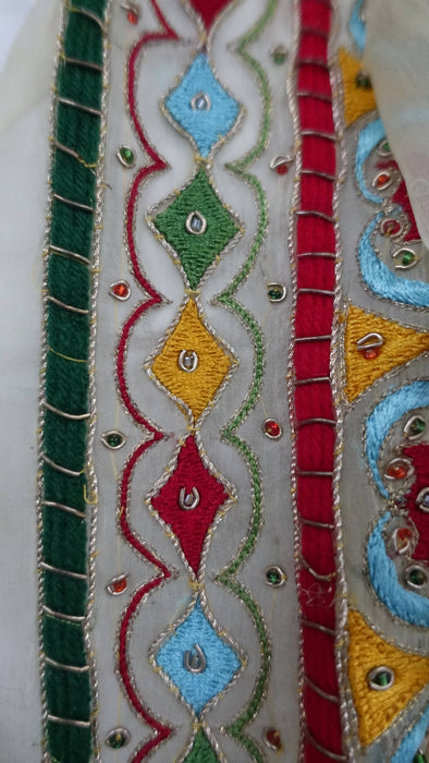 Cream Vintage Retro Chiffon Dupatta With Colourful Embroidery