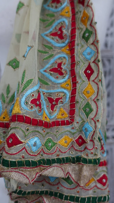 Cream Vintage Retro Chiffon Dupatta With Colourful Embroidery