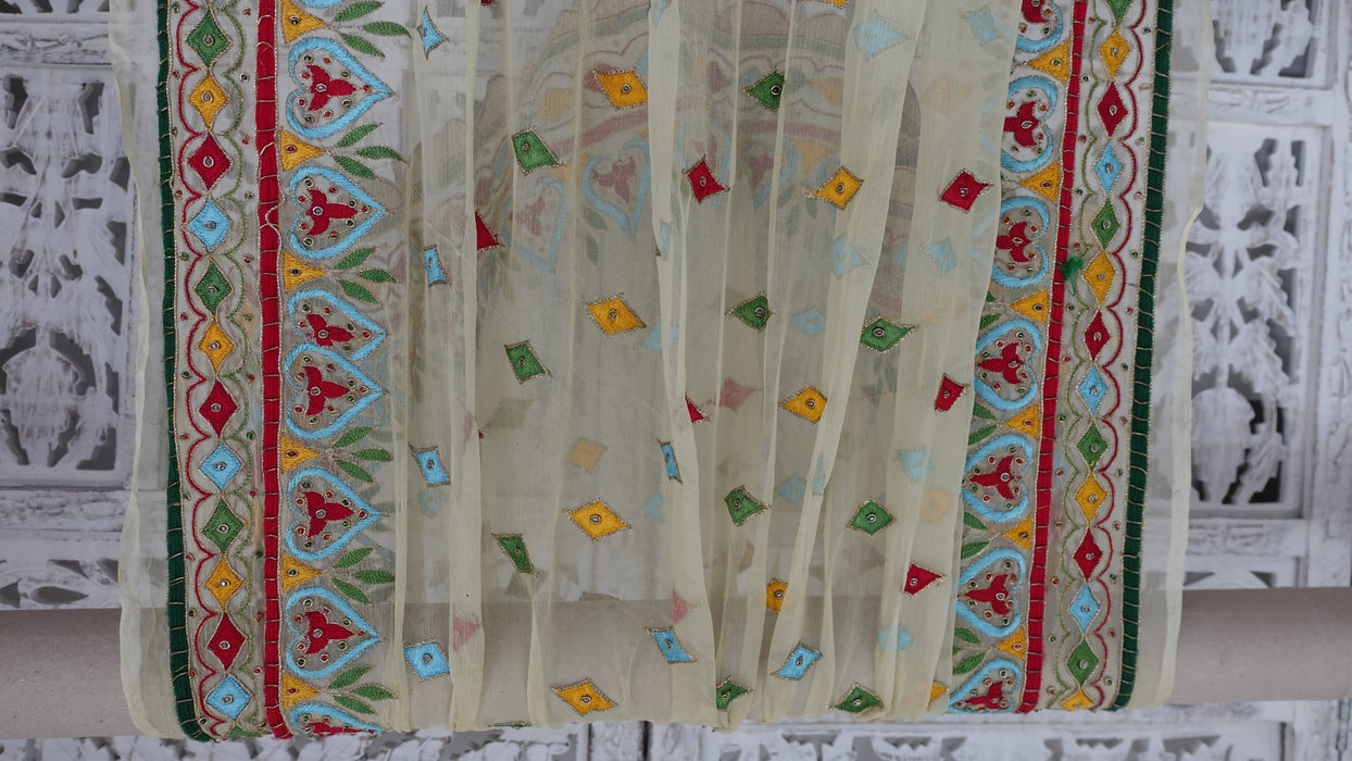 Cream Vintage Retro Chiffon Dupatta With Colourful Embroidery