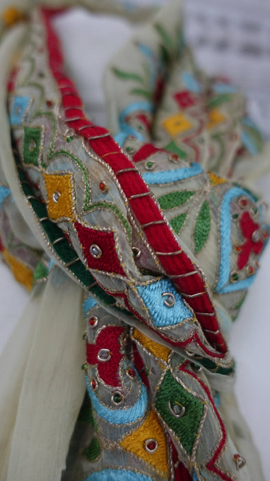 Cream Vintage Retro Chiffon Dupatta With Colourful Embroidery