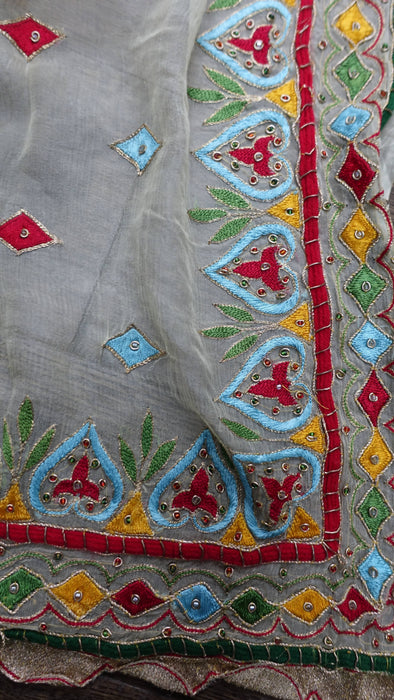 Cream Vintage Retro Chiffon Dupatta With Colourful Embroidery