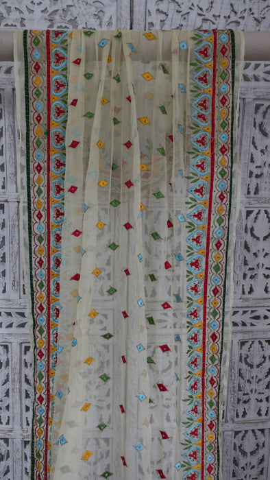 Cream Vintage Retro Chiffon Dupatta With Colourful Embroidery