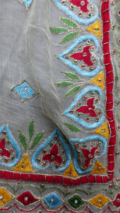 Cream Vintage Retro Chiffon Dupatta With Colourful Embroidery