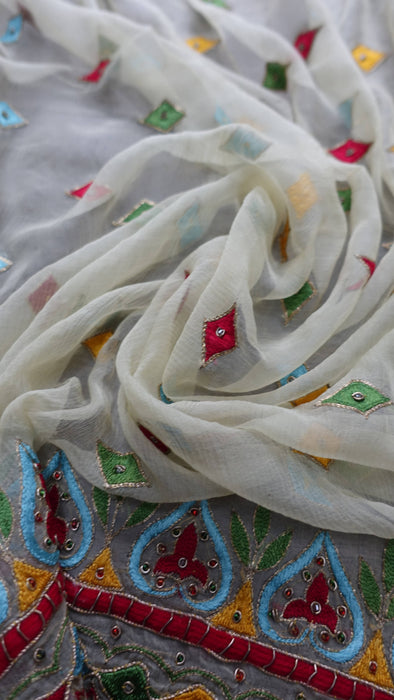 Cream Vintage Retro Chiffon Dupatta With Colourful Embroidery