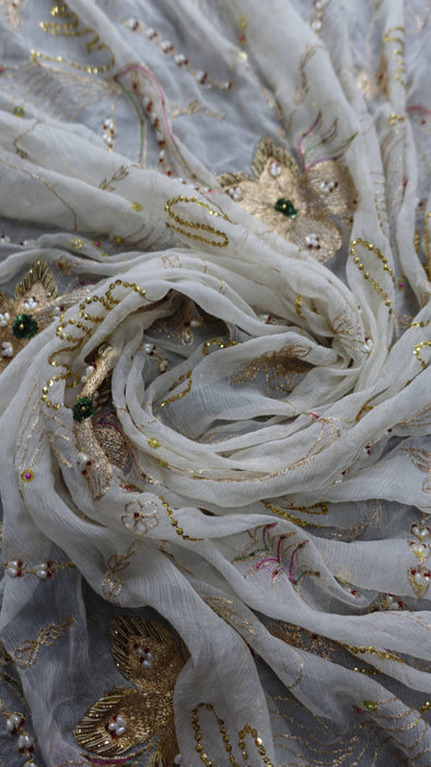Cream Vintage Silk Chiffon Embellished Dupatta