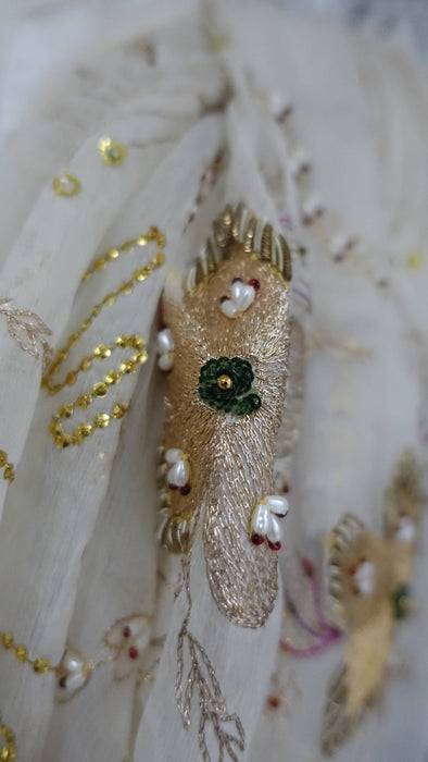 Cream Vintage Silk Chiffon Embellished Dupatta