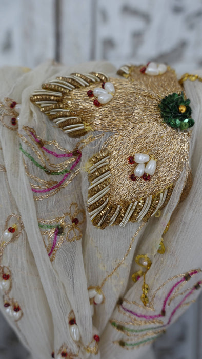 Cream Vintage Silk Chiffon Embellished Dupatta