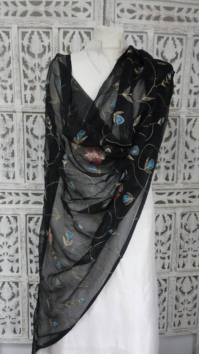 Black Vintage Embroidered Chiffon Dupatta