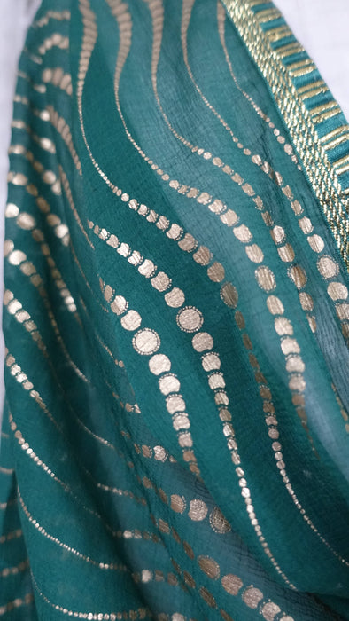 Teal With Gold Block Print Chiffon Blend - New