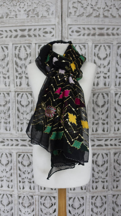 Black Chiffon Vintage Embroidered Chiffon Dupatta