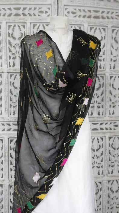 Black Chiffon Vintage Embroidered Chiffon Dupatta