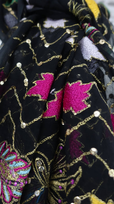 Black Chiffon Vintage Embroidered Chiffon Dupatta