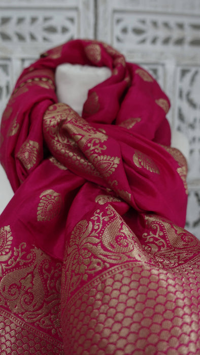 Bright Pink Chanderi Silk Woven Shawl - New