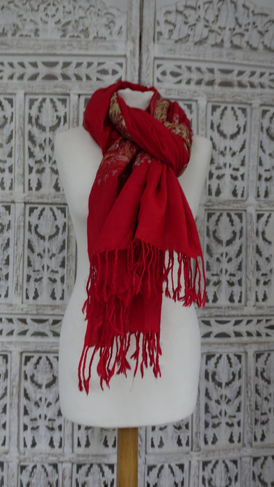 Red wool shawl with gold metallic thread embroidery and tassels – view 2