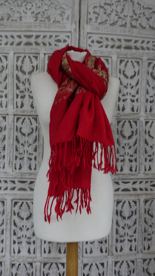 Red wool shawl with gold metallic thread embroidery and tassels – view 2