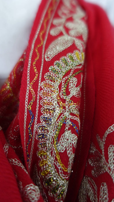 Red wool shawl with gold metallic thread embroidery and tassels – view 6
