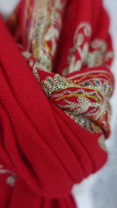 Red wool shawl with gold metallic thread embroidery and tassels – view 7