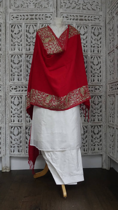 Red wool shawl with gold metallic thread embroidery and tassels – view 3
