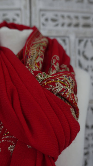 Red wool shawl with gold metallic thread embroidery and tassels – view 8