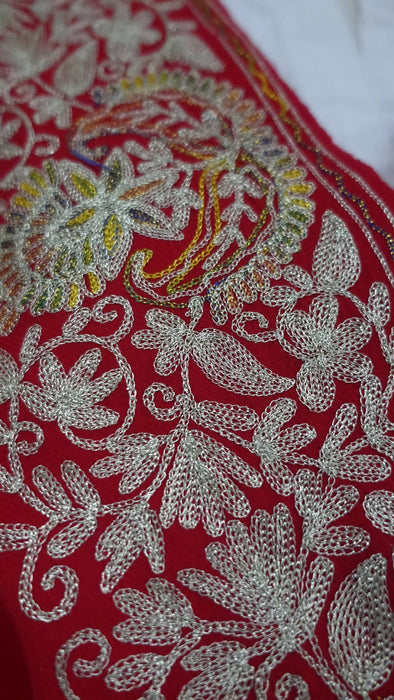 Red wool shawl with gold metallic thread embroidery and tassels – view 4
