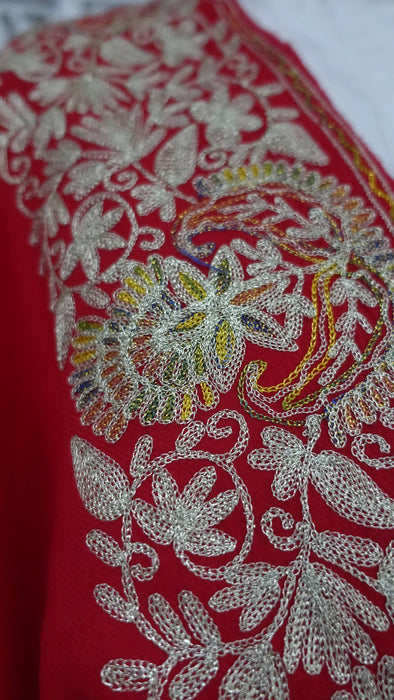 Red wool shawl with gold metallic thread embroidery and tassels – view 5