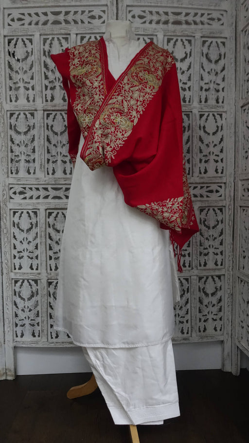 Red wool shawl with gold metallic thread embroidery and tassels