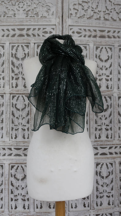 Green Chiffon With Silver Metallic Thread - New