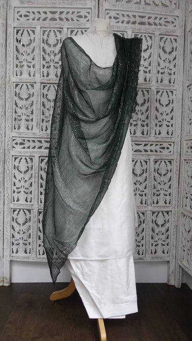 Green Chiffon With Silver Metallic Thread - New